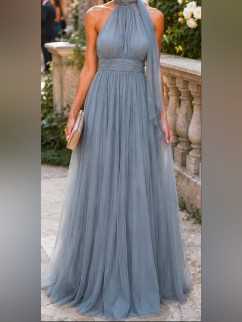 Watters & Watters Wtoo Tulle Latte Sleeveless Tie Neck Maxi Gown Dress Size M